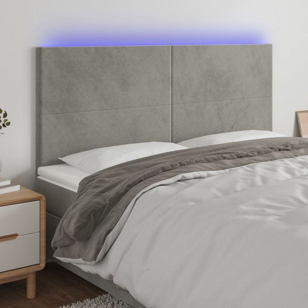 Vidaxl Čelo postele s LED bledosivé 200x5x118/128 cm zamat